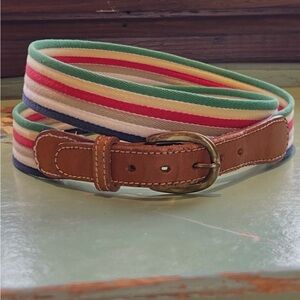 Striped Multicolor Vintage Preppy Style Belt with Brown Leather Accents